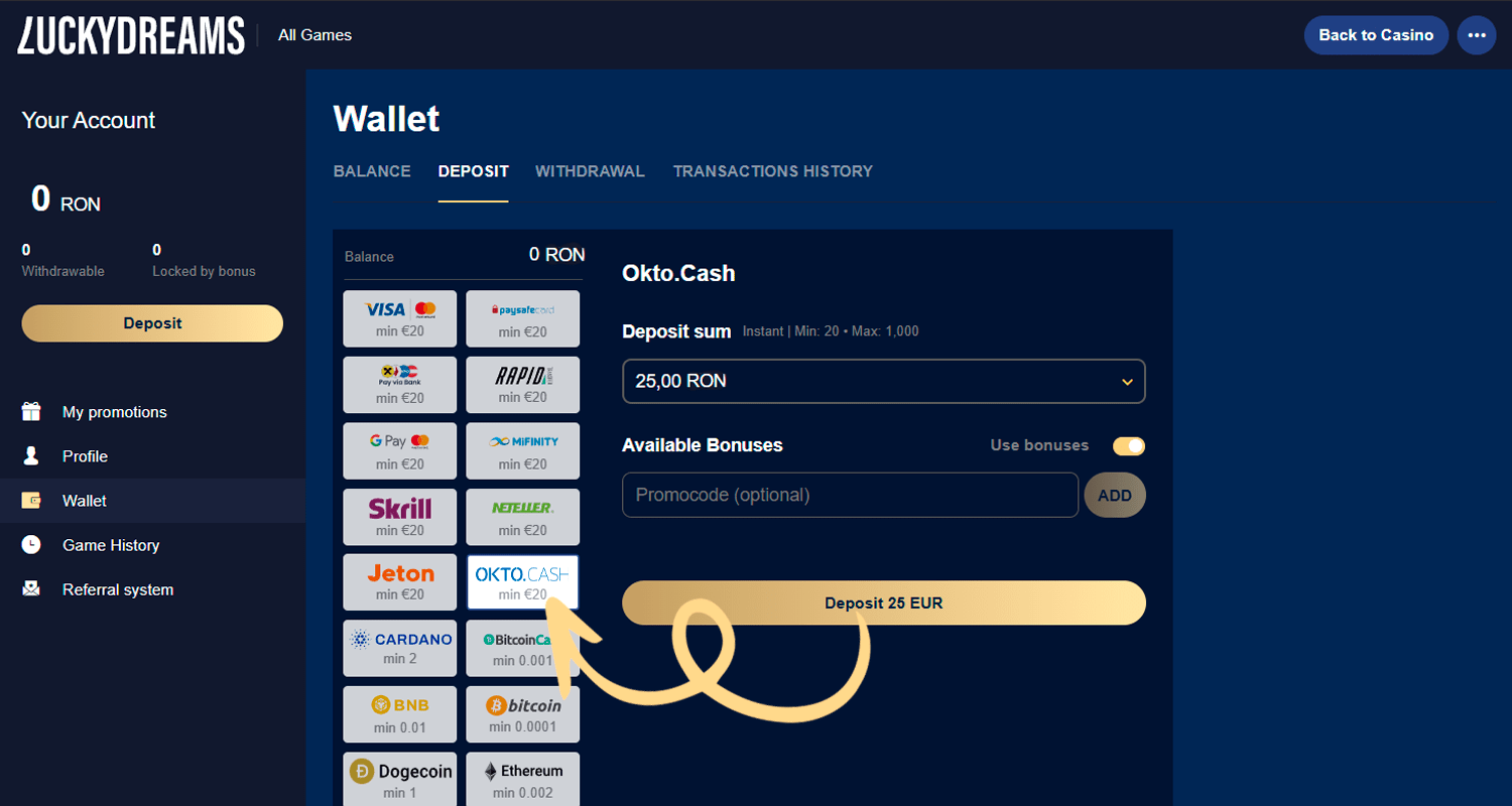 Verificați posibilitatea unui depozit cu Okto.Cash