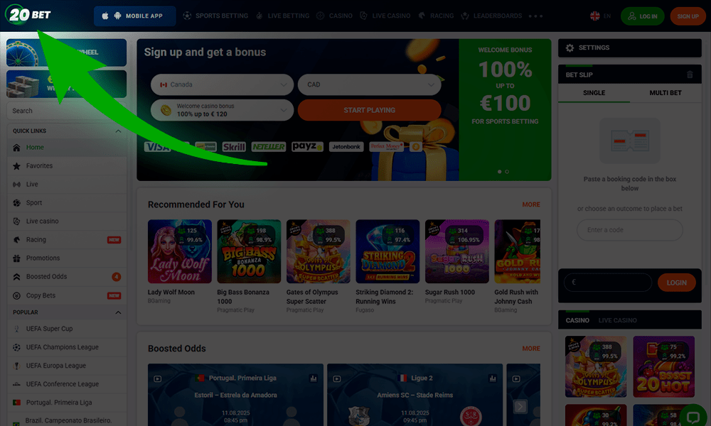 Obiščite spletno mesto 20Bet in se prijavite