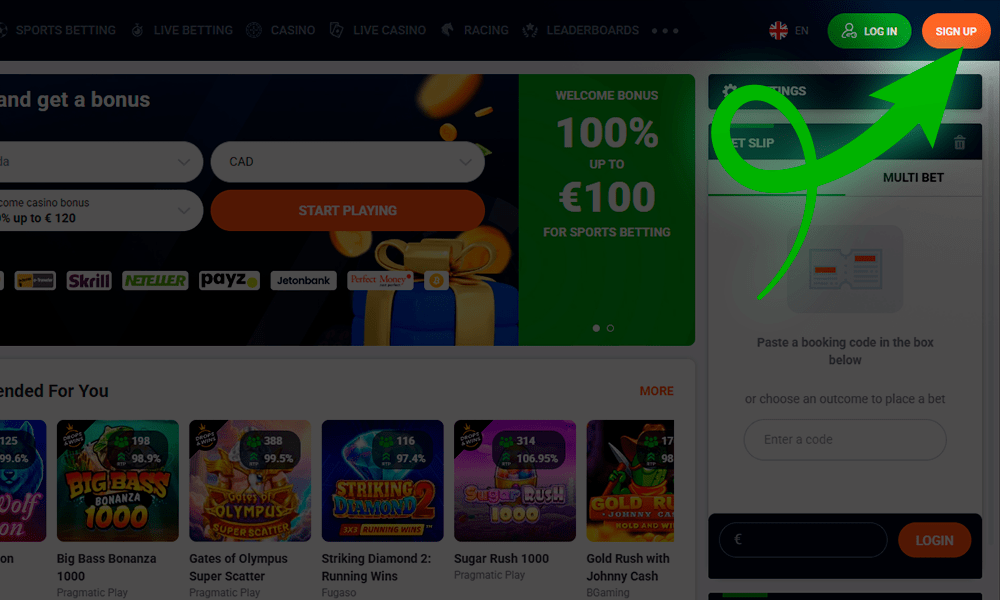 Če se želite registrirati pri 20Bet, kliknite na gumb