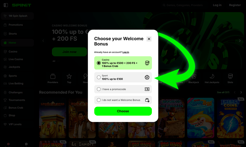 Izberite bonus pred registracijo na Spinit