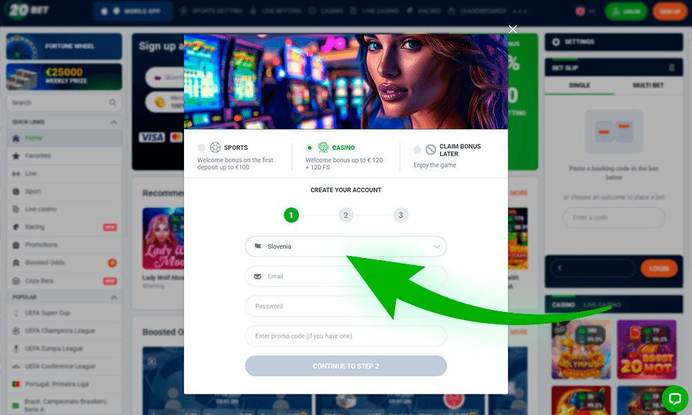 Izberite državo in valuto za registracijo 20Bet