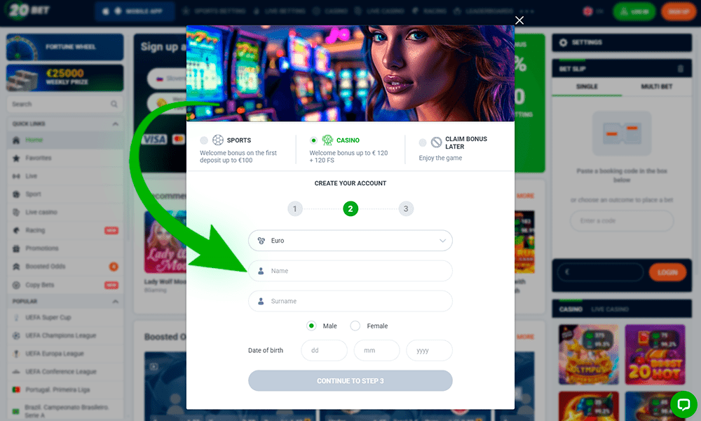Izpolnite polja za registracijo 20Bet