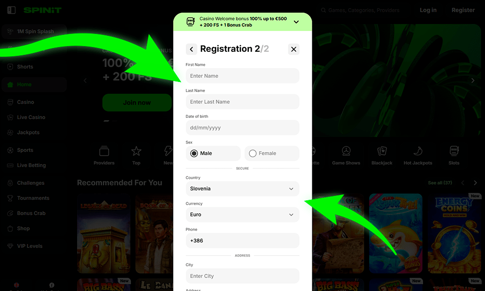 Izpolnite polja za registracijo Spinit