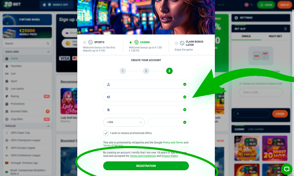Izpolnite polja in potrdite svojo registracijo pri 20Bet