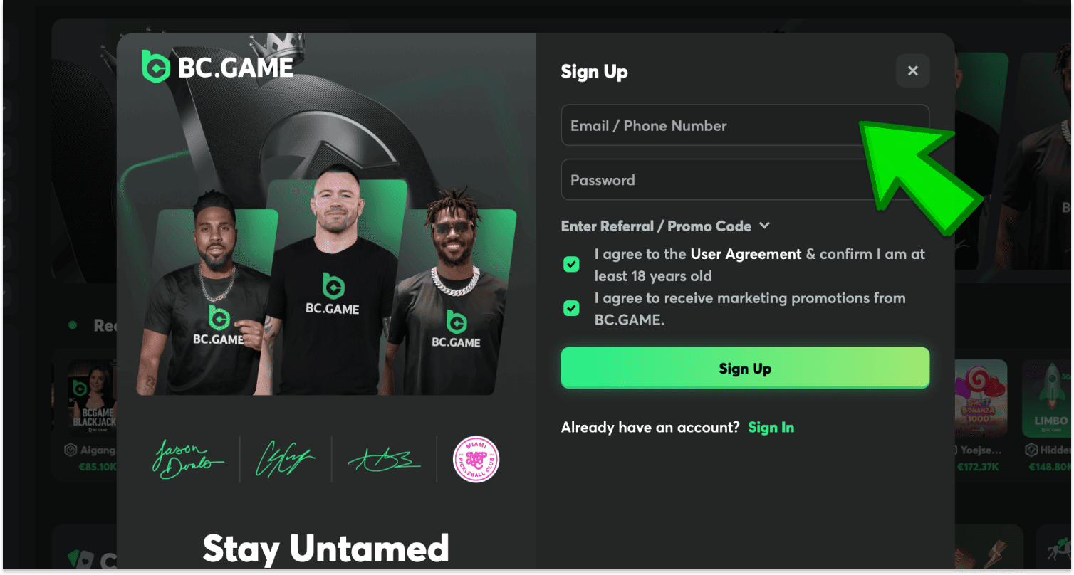 Vyplňte údaje pri registrácii na webovej stránke kasína BC.Game na Slovensku