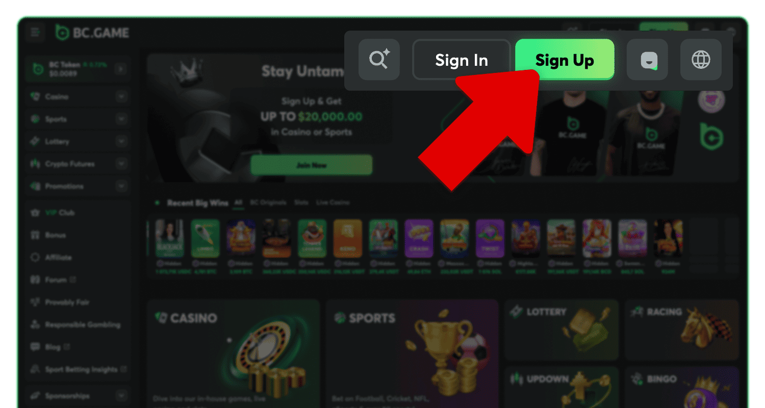 Kliknite na dugme za registraciju na veb lokaciji BC.Game u Srbiji