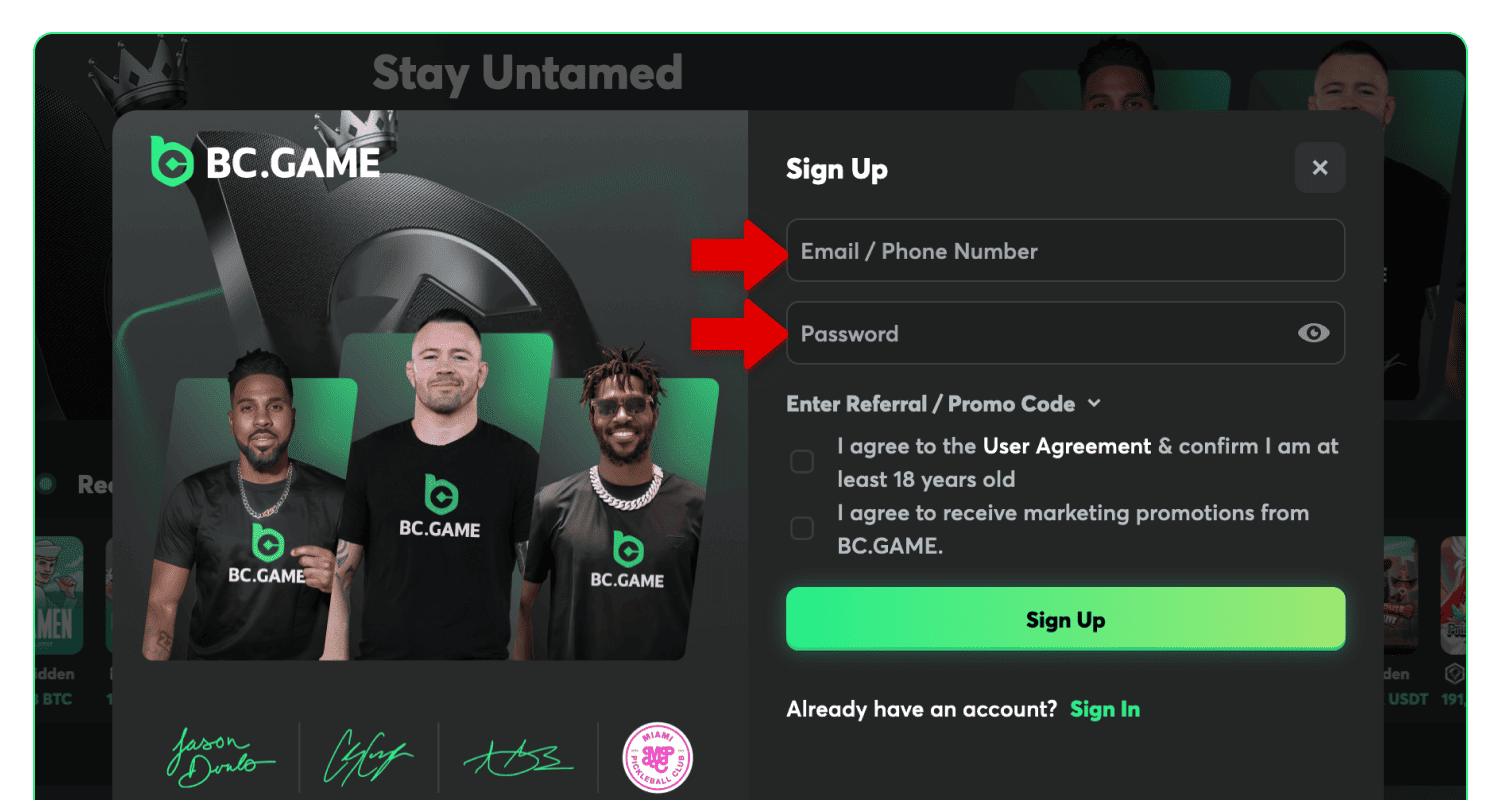 Unesite svoje podatke i lozinku za registraciju za BC.Game u Srbiji