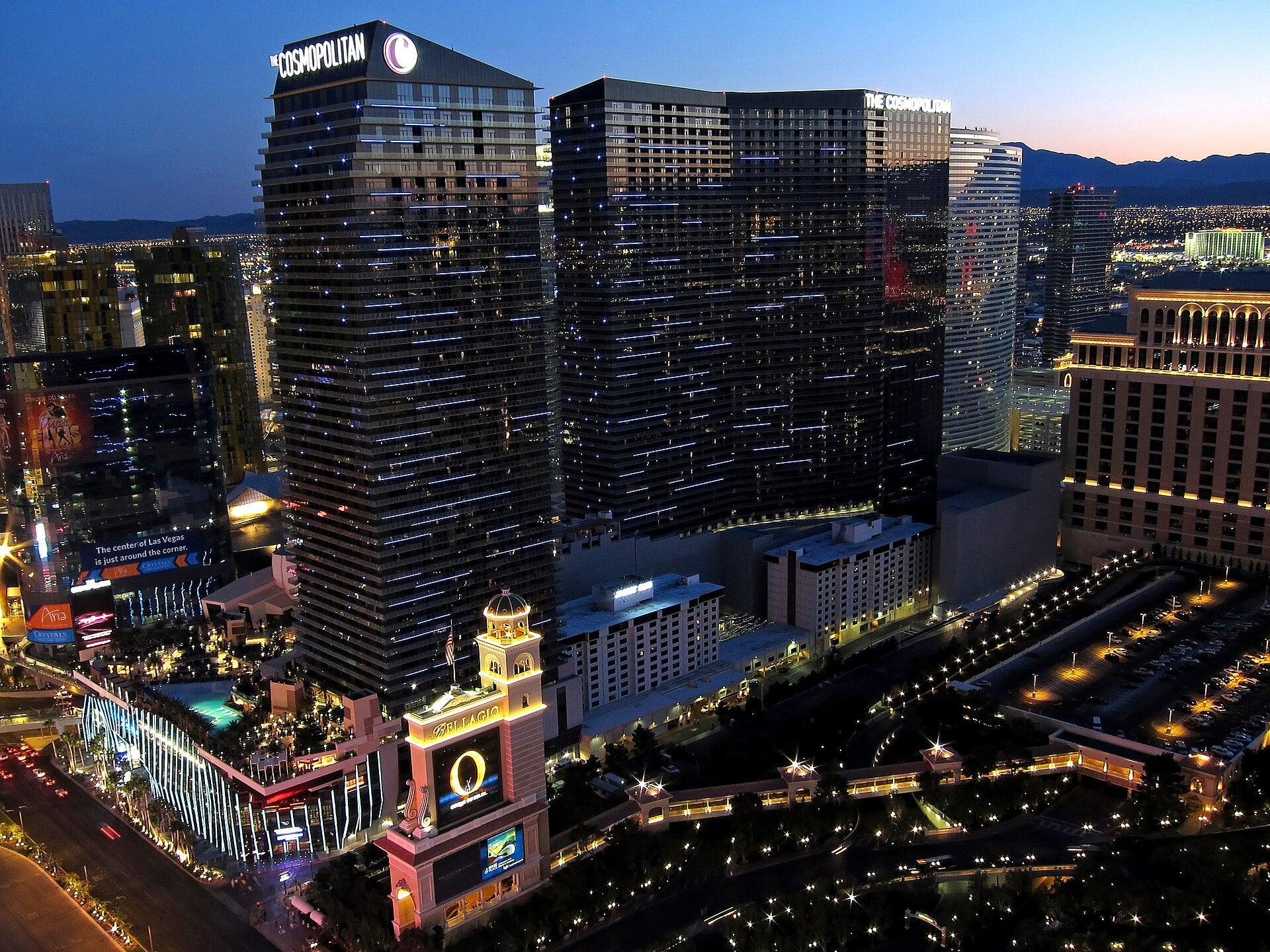 The Cosmopolitan of Las Vegas twin towers lit up at night on the Las Vegas Strip