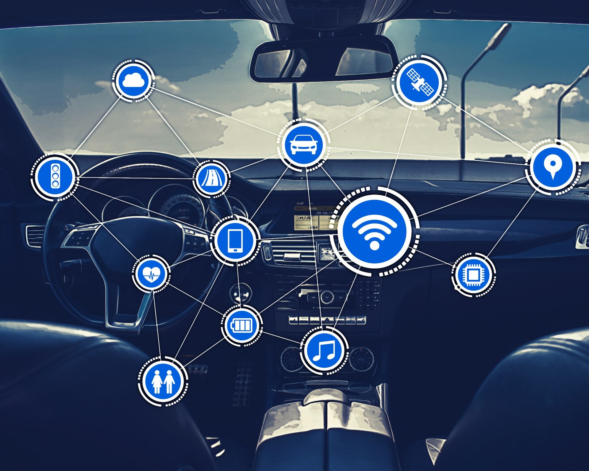 Connected car dashboard showing icons for GPS, cloud, traffic, and sensors used in driverless robotaxi technology like Zoox