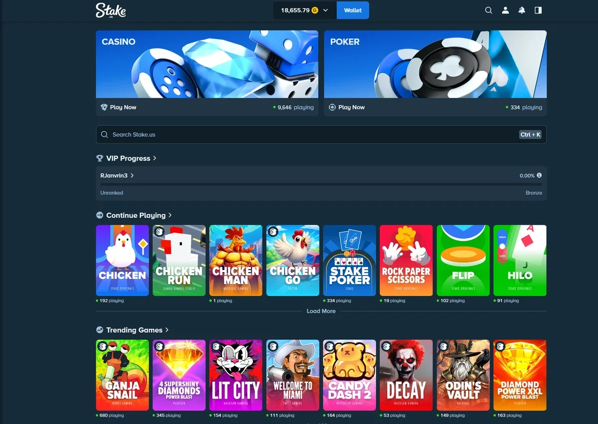Logged-in Stake.us lobby, the starting point for redeeming Stake Cash