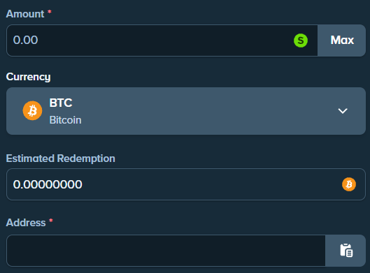 Stake.us crypto redemption form with amount, coin and wallet address fields