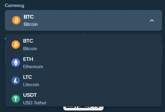 Stake.us currency menu listing BTC, ETH, LTC and USDT