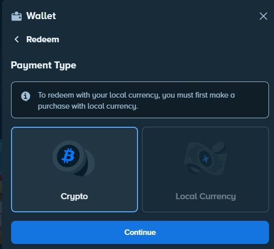 Selecting Crypto as the redemption method on Stake.us
