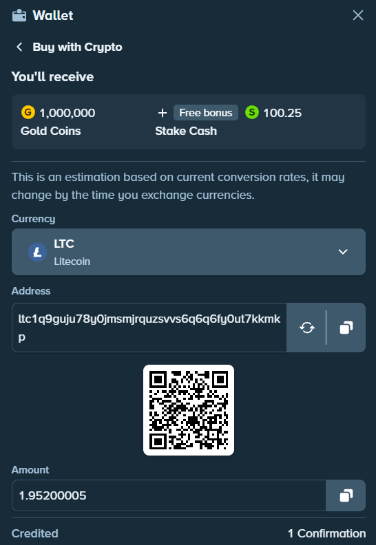 Stake.us Litecoin payment screen with a wallet address and QR code