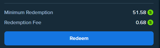 Stake.us redemption summary showing the minimum redemption, fee and Redeem button
