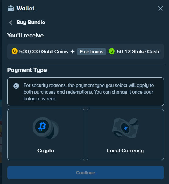 Choosing Crypto as the payment type for a Gold Coin package on Stake.us