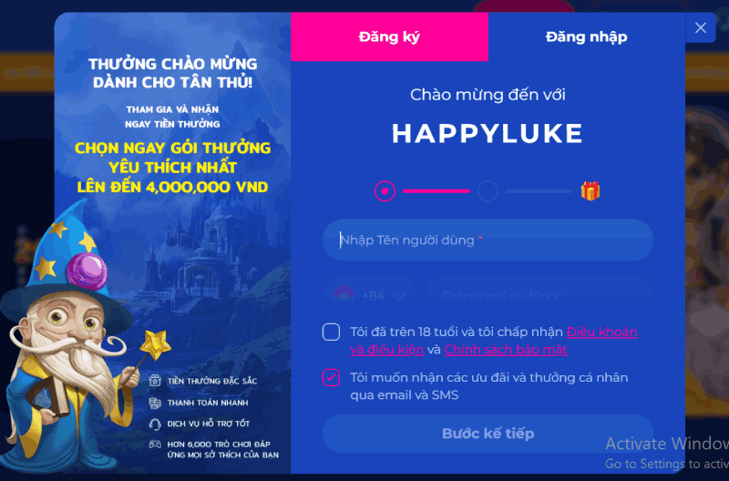nhập tên đăng ký HappyLuke