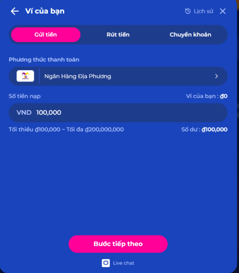 nạp tiền ngân hàng